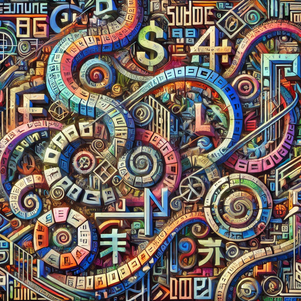 Abstract art of a neural network with tangled language symbols